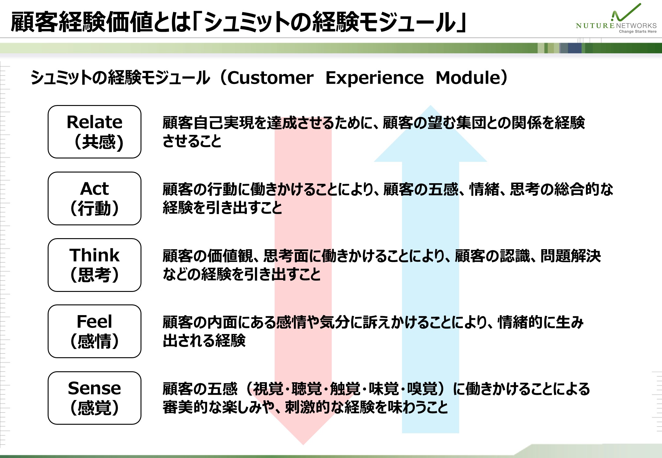 シュミットの経験モジュールである感覚・感情・思考・行動・共感の5つを、顧客経験価値の観点から整理した図